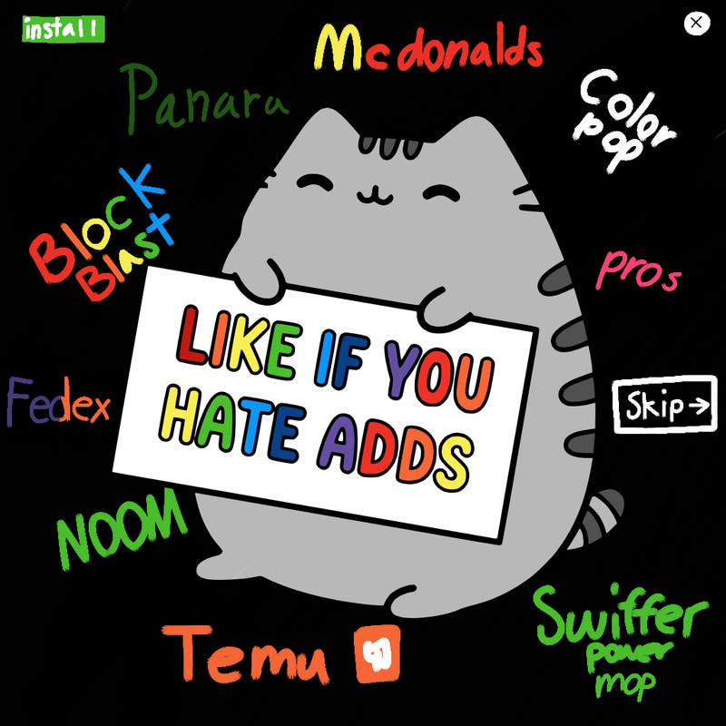 a kawii pusheen cat holding a sign that says like if you hate adds