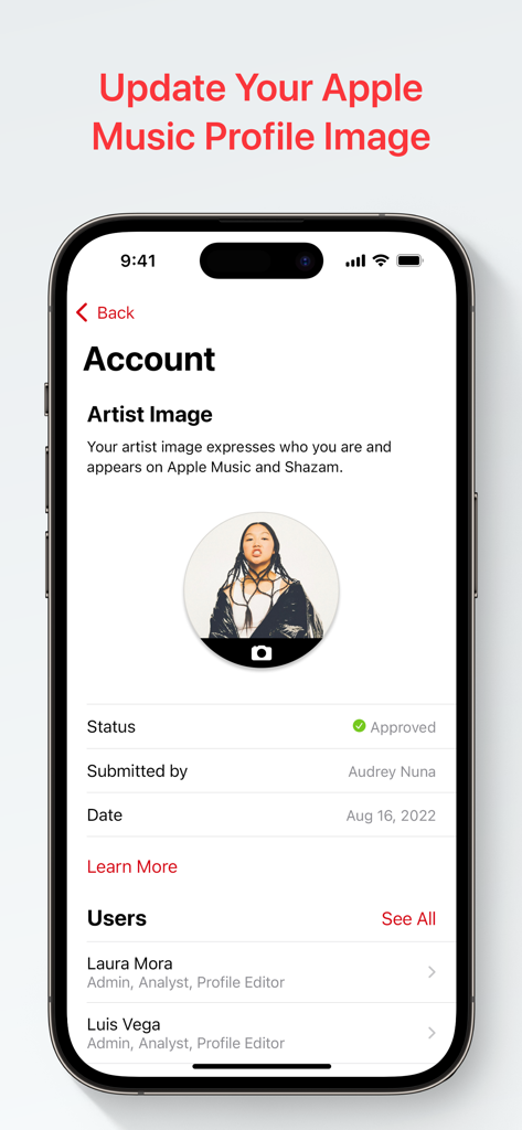 Die Apple Music for Artists App-Oberfläche zum Aktualisieren eines Künstlerprofilbildes und zur Verwaltung des Teamzugriffs.