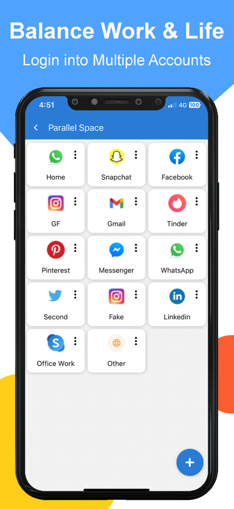 Parallel App ~ Dual Accounts - Smartphone screen showing the Parallel App interface with multiple cloned social media accounts for work and personal use