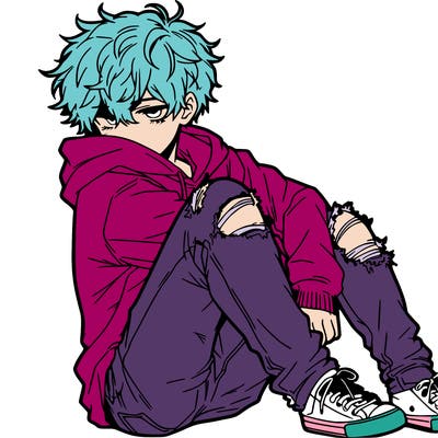 a male hoddie ripped jeans messy hair anime