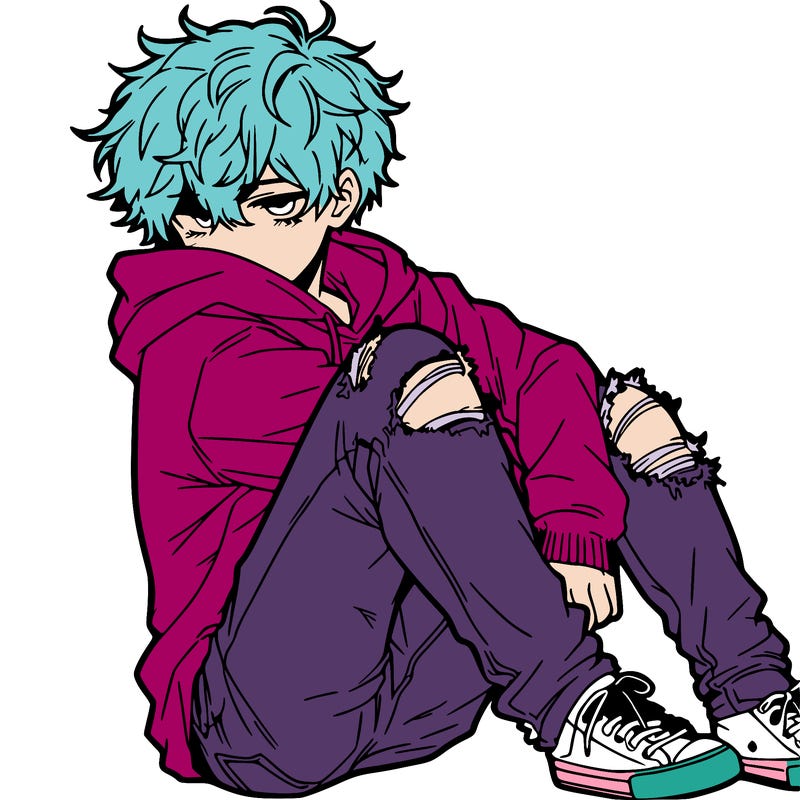 a male hoddie ripped jeans messy hair anime