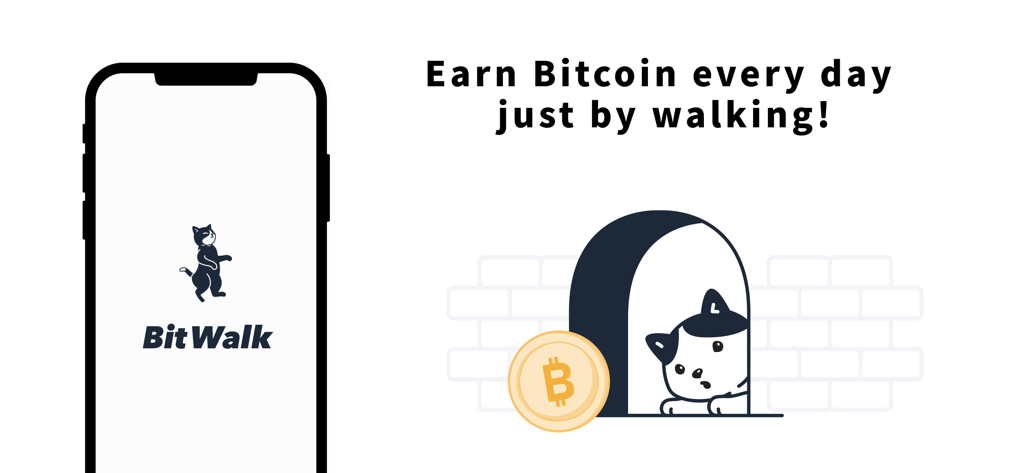 BitWalk-Earn Bitcoin every day - Banner promocional de la aplicación BitWalk con una mascota gato y una moneda de Bitcoin con el texto Gana Bitcoin todos los días solo por caminar