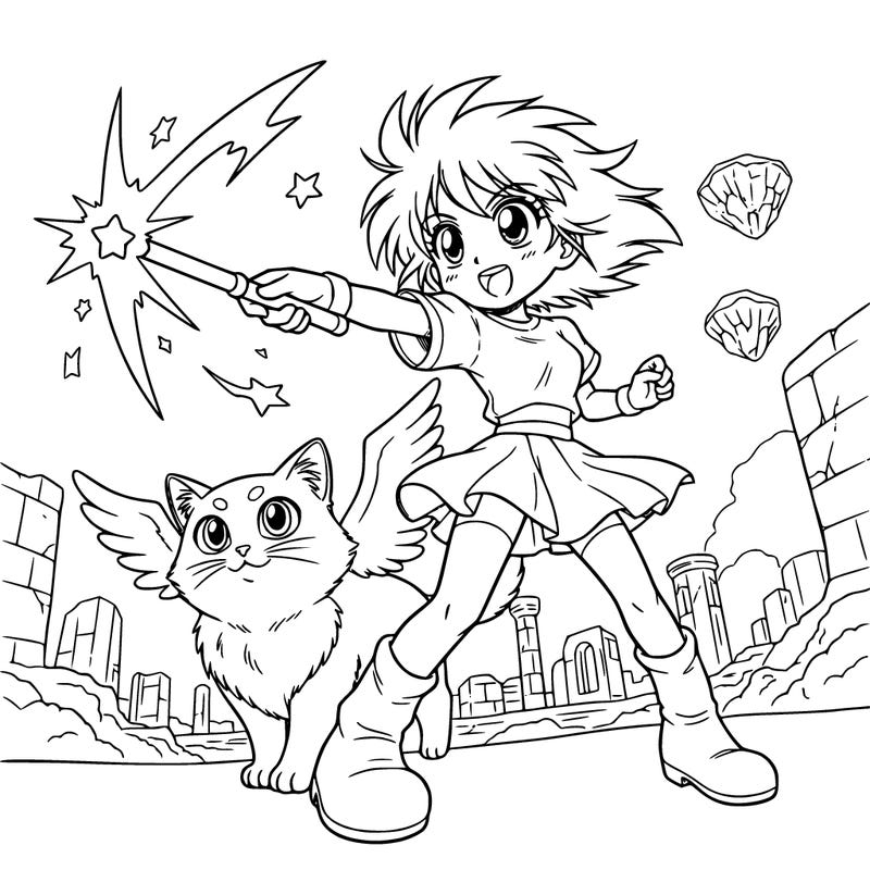 , cute anime girl, throwing with a magic wand