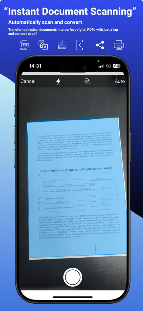 エッジ検出による自動ドキュメントスキャンを表示するPdf scan translateアプリのiPhoneインターフェース。