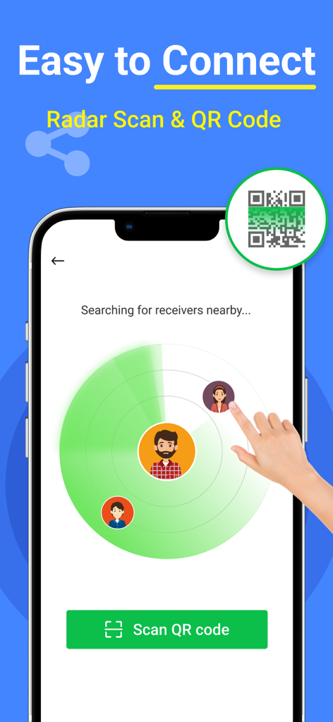 InShare - File Sharing - InShare app interface showing radar scan and QR code options to connect nearby devices for file sharing.