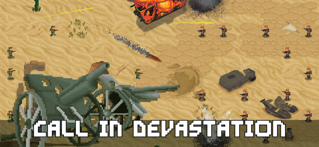 Campo de batalha desértico em pixel art retrô com artilharia pesada e soldados no jogo To The Trenches