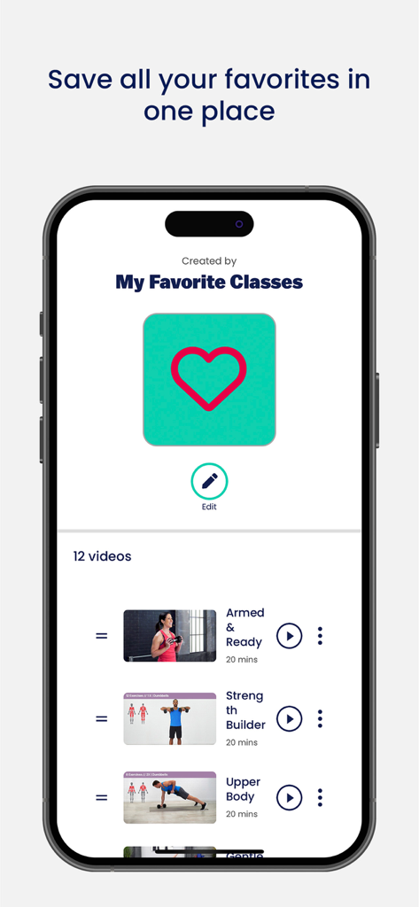 Interface do aplicativo Wellbeats Wellness mostrando uma playlist personalizada de favoritos de treino com vídeos de aulas de fitness.