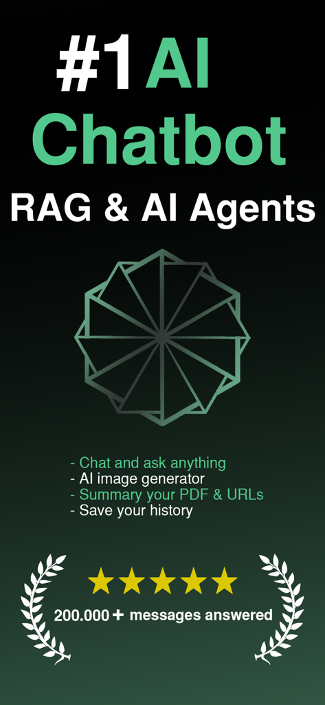ChatAI - RAG & AI Agents - Visão geral dos recursos do aplicativo ChatAI destacando agentes de IA e capacidades RAG com uma classificação de cinco estrelas