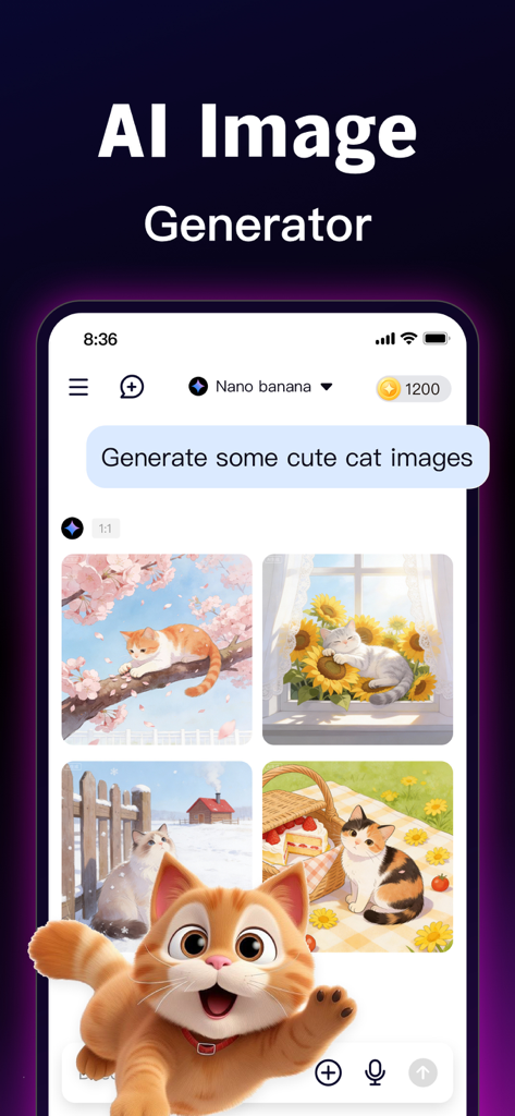 Chatbot AI Assistant - Modlib - Modlib AI mobile app interface showing the AI image generator creating cute cat illustrations from a text prompt