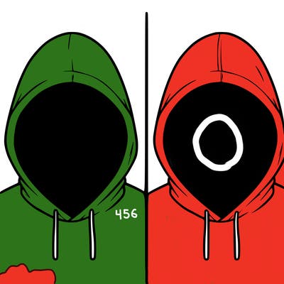 a person with a hoodie and no face, the drawing is split in 2