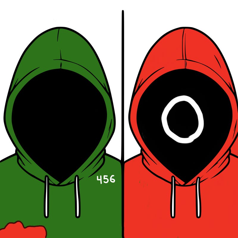 a person with a hoodie and no face, the drawing is split in 2