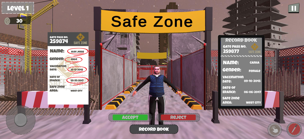 Safe Zone The Check Point Game - Gameplay screenshot showing ID verification at a security checkpoint in Safe Zone.