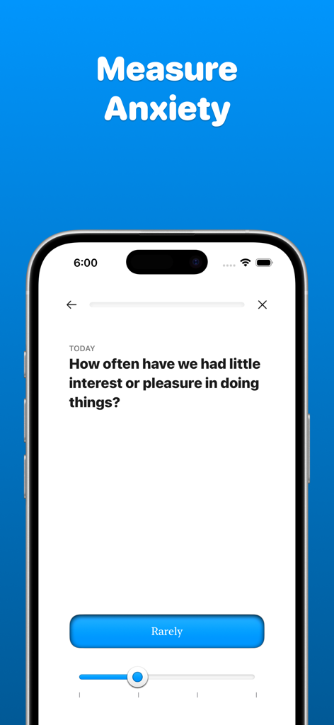 Depre: Depression Tracker - An iPhone screen displaying a mental health questionnaire with a blue banner reading Measure Anxiety.