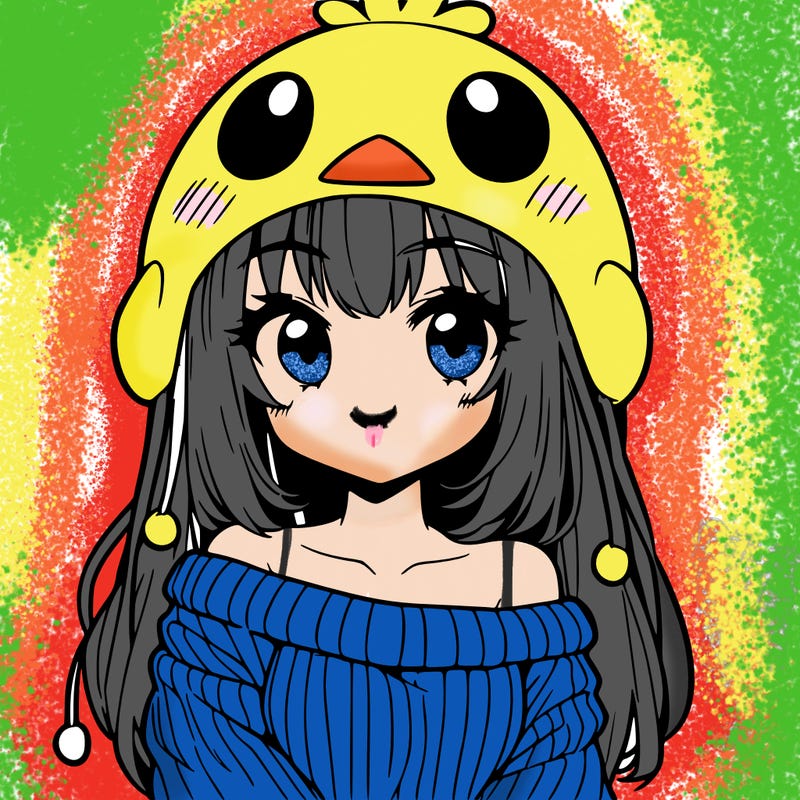 anime girl with chick shaped hat with sweater with bare shoulders with bangs covering them one eye with low tail
