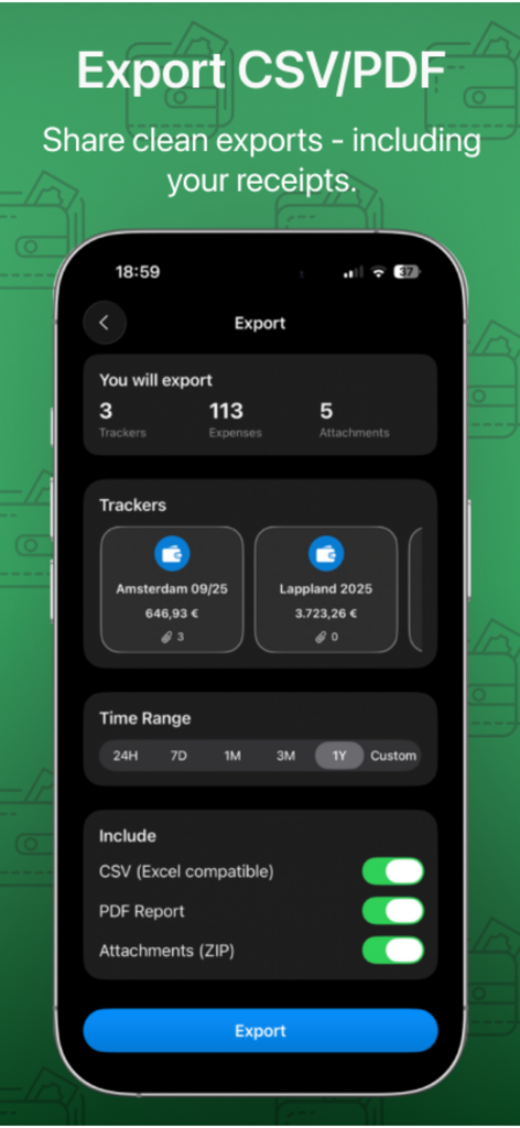 Costify: Expense Tracker - Interface of Costify app showing options to export expenses as CSV and PDF files with receipt attachments.