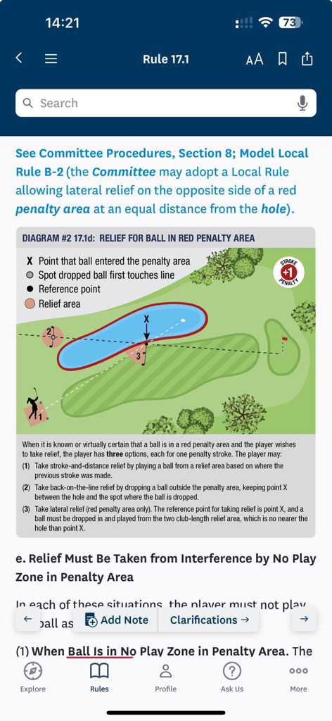 The Official Rules of Golf - Screenshot of the USGA golf rules app showing a diagram and instructions for taking relief in a red penalty area.