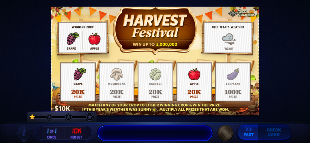 Vegas Lottery Scratchers - Tarjeta de rasca y gana virtual con temática de "Harvest Festival" en la aplicación Vegas Lottery Scratchers que muestra símbolos de cultivo y montos de premios