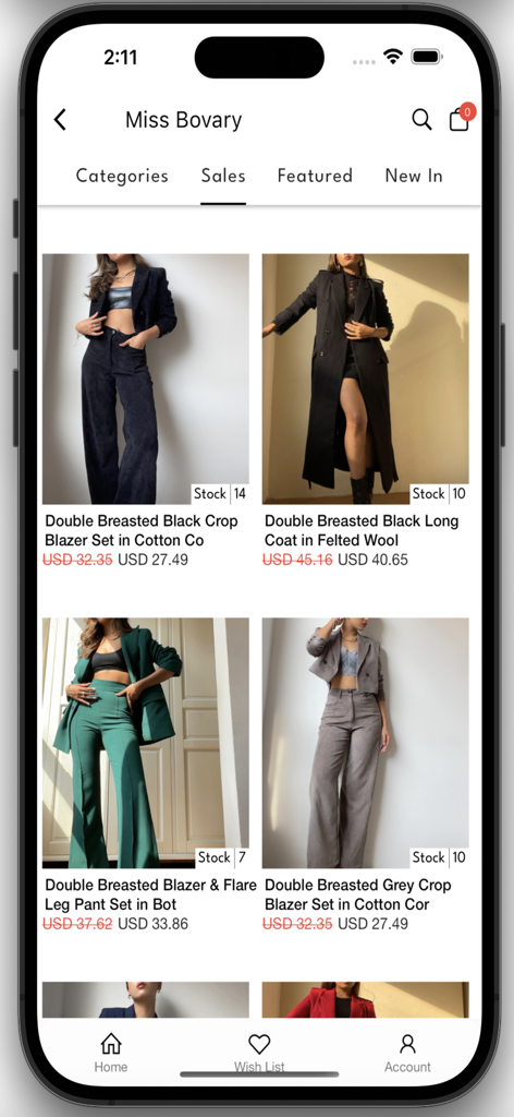 Bovary - Miss Bovary app screen displaying sales on women's tailored blazers and professional suits.