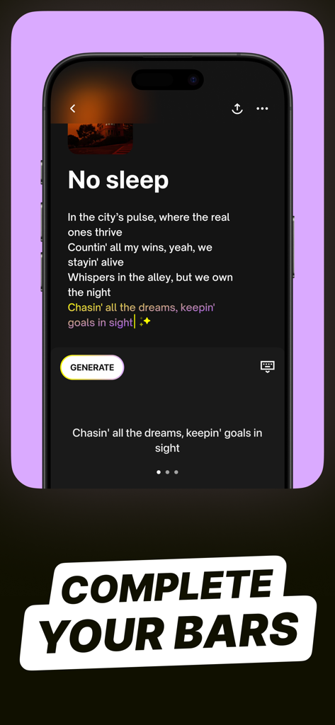 Lyric Studio - Rap Rhyme Maker - Interfaz de la aplicación Lyric Studio mostrando una canción de rap siendo escrita con una herramienta de generación de letras de IA