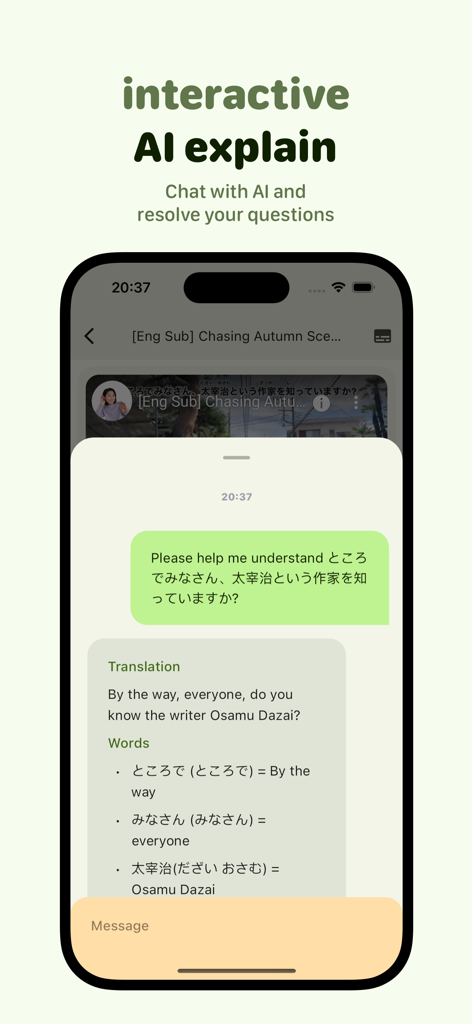 Miraa - AI transcribe & shadow - Una pantalla de smartphone que muestra la función interactiva de chat de IA de la aplicación Miraa explicando texto en japonés con traducción y definiciones de palabras.