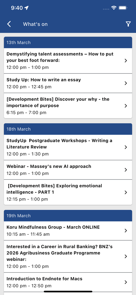 Massey University mobile app What's on screen showing a schedule of upcoming campus events and workshops