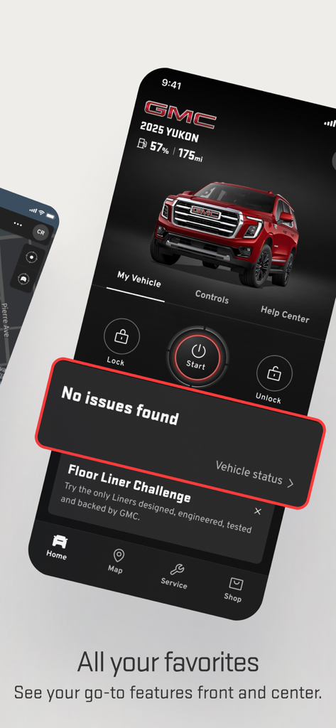 myGMC - The myGMC app dashboard showing a 2025 GMC Yukon with remote start controls and vehicle health status notification.