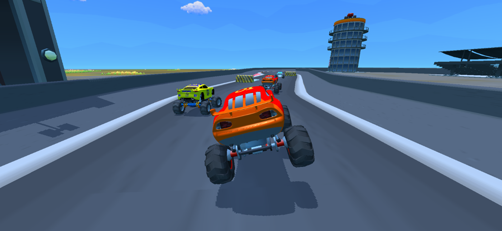 Super Monster Truck Racing - A group of colorful monster trucks racing on a paved track under a blue sky.