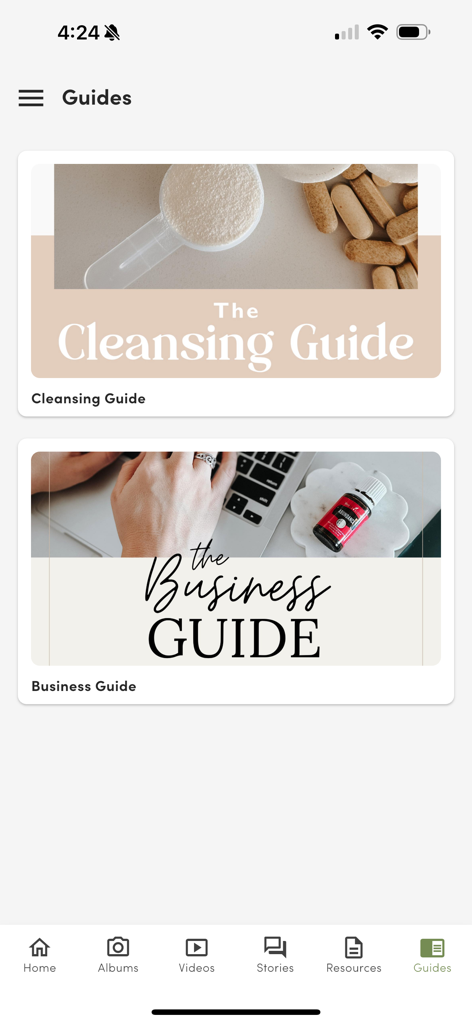 The Guides section of the Life Steps app displaying options for the Cleansing Guide and the Business Guide.