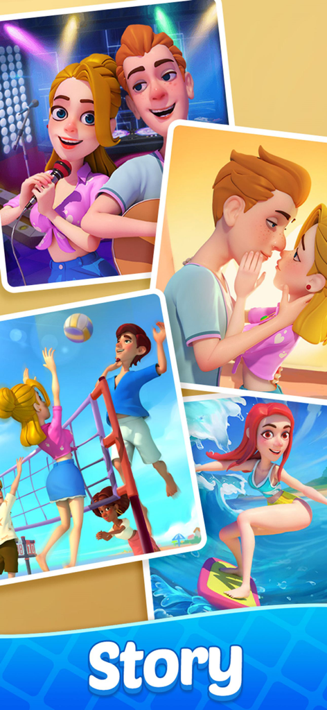 Collage of story scenes from Solitaire Resort showing characters singing, kissing, and playing beach volleyball.