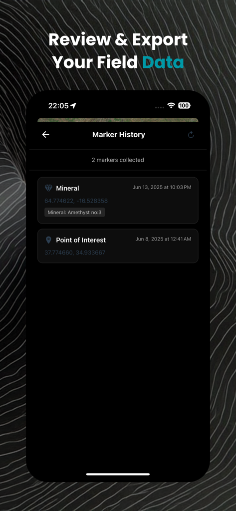 GeoKit: Geology Toolkit - Marker history screen in the GeoKit app displaying collected field data points