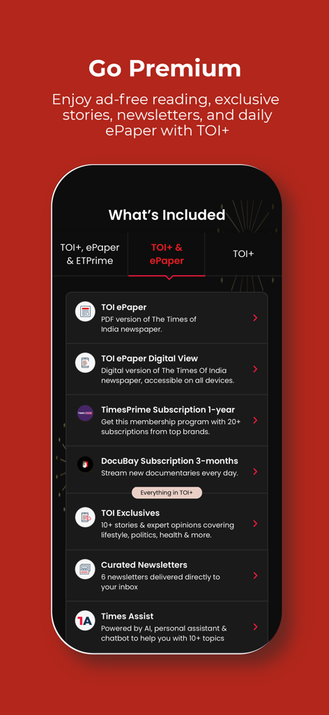 Premium subscription page of The Times of India News App highlighting TOI plus benefits like ePaper and ad free reading.