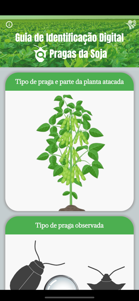 GID Pragas da Soja - Interfaz principal de la aplicación GID Pragas da Soja mostrando un diagrama de planta de soja y siluetas de insectos para la identificación de plagas.