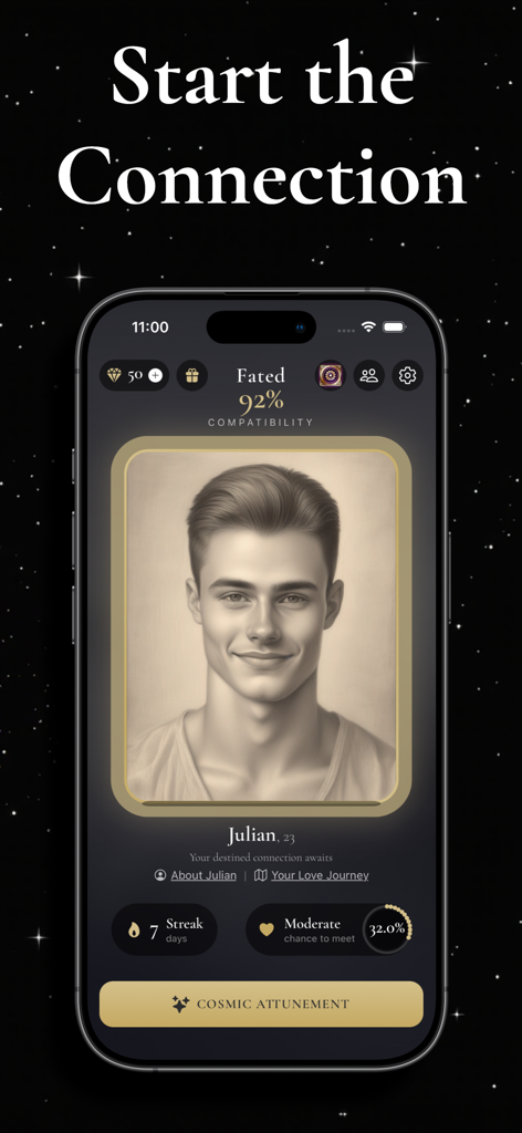 Fated Amora: Soulmate Drawing - Eine personalisierte Seelenverwandten-Zeichnung von Julian mit einer Kompatibilitätsbewertung von zweiundneunzig Prozent in der Fated Amora App.