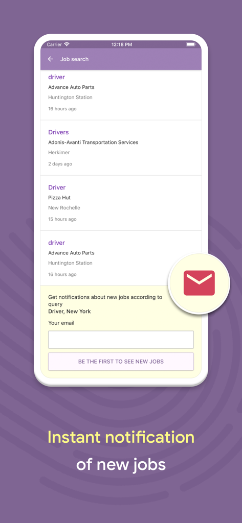 Interfaccia dell'app Jobsora che mostra offerte di lavoro per autista e una casella di iscrizione per notifiche di lavoro istantanee.
