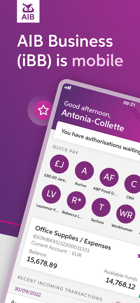 AIB Business mobile app dashboard showing quick pay icons and business account balance