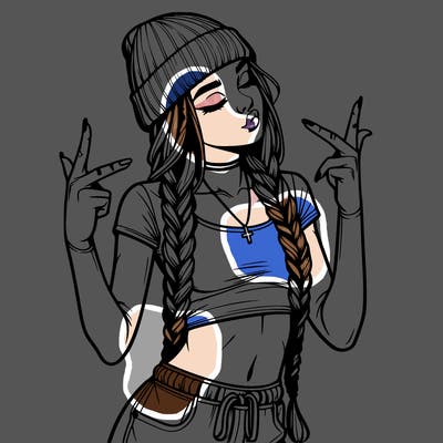realistic teenage girl with braids and a beanie and crop top doing 🫶🏼