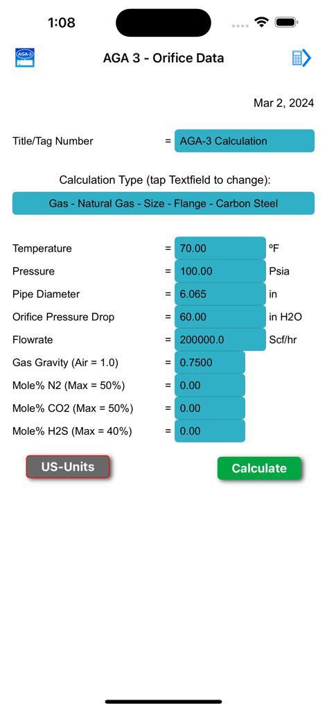 Interface of the AGA-3 Orifice app displaying input fields for natural gas flow calculation including pressure and temperature.