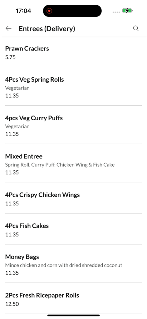 A screenshot of the Padthai In Chisholm mobile app displaying the entrees delivery menu with items like spring rolls and curry puffs.