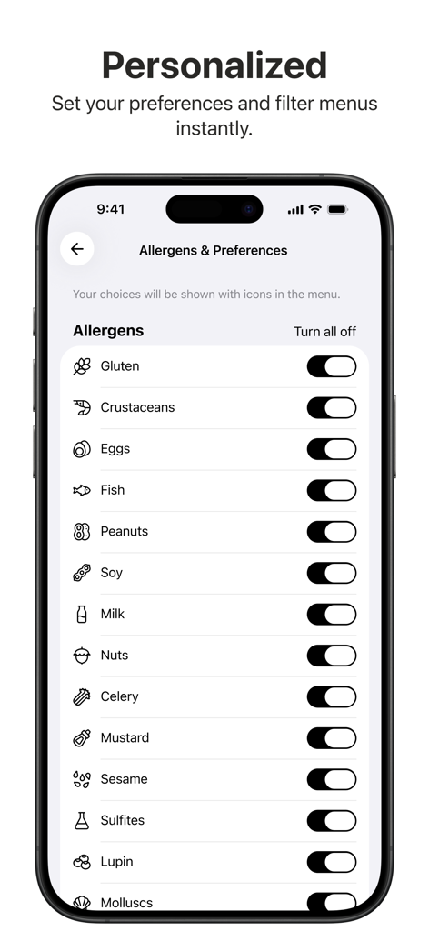 GlobalTips Guest - GlobalTips Guest app screen showing a list of allergen preferences with toggle switches for personalized menu filtering.