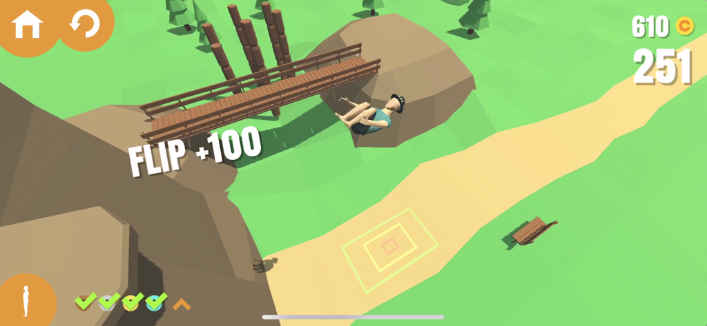 A low poly character performing a backflip over a wooden bridge in the Flip Trickster mobile game