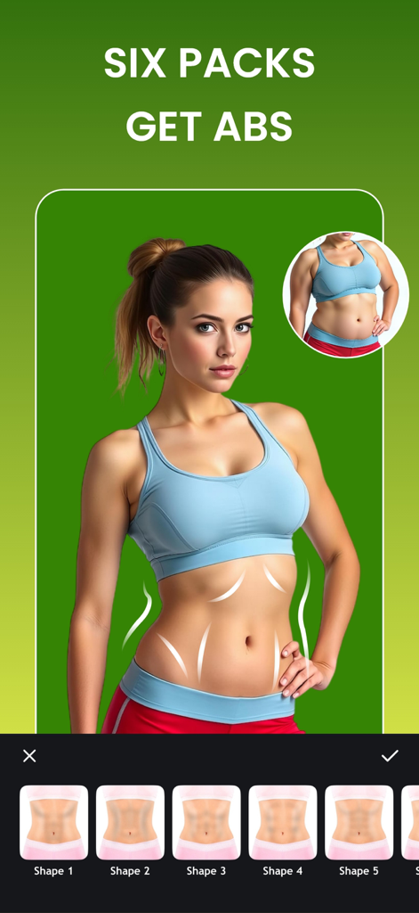 Body Tune app interface showing the six pack abs editing feature with before and after results