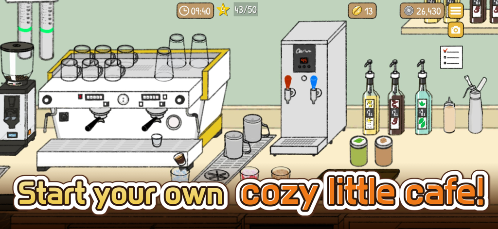 Tiny Coffee Shop Story - Hand-drawn illustration of a coffee shop interior with an espresso machine and various coffee ingredients