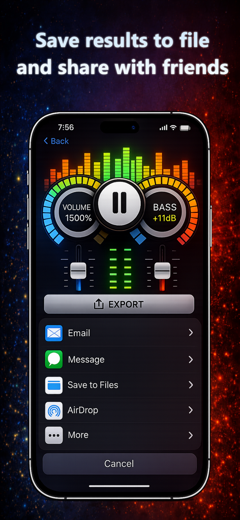 Interface of the Volume Booster app showing options to export and share audio results via Email Message and AirDrop