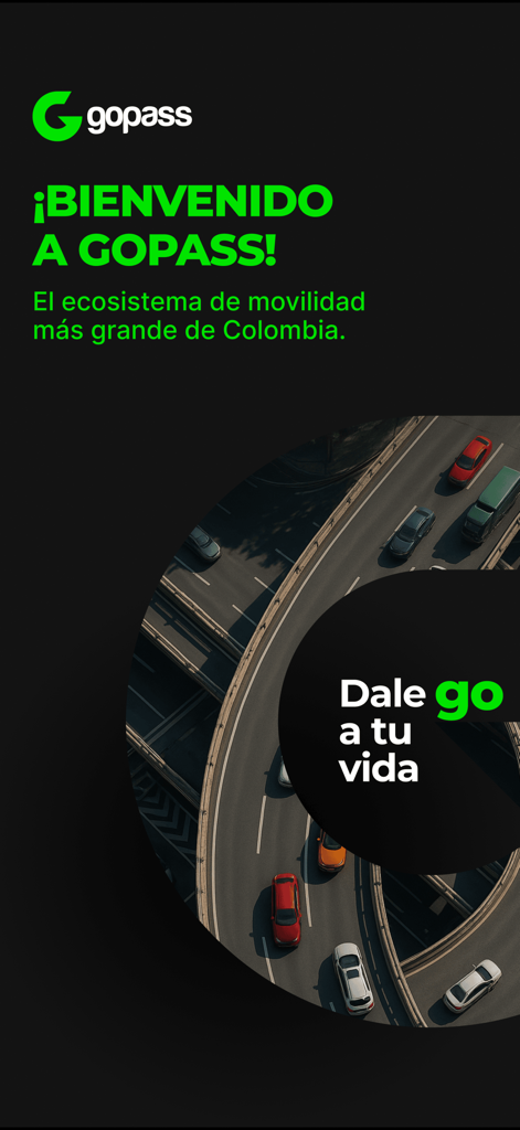 Gopass - Gopass mobility app welcome screen featuring a highway interchange background and brand logo
