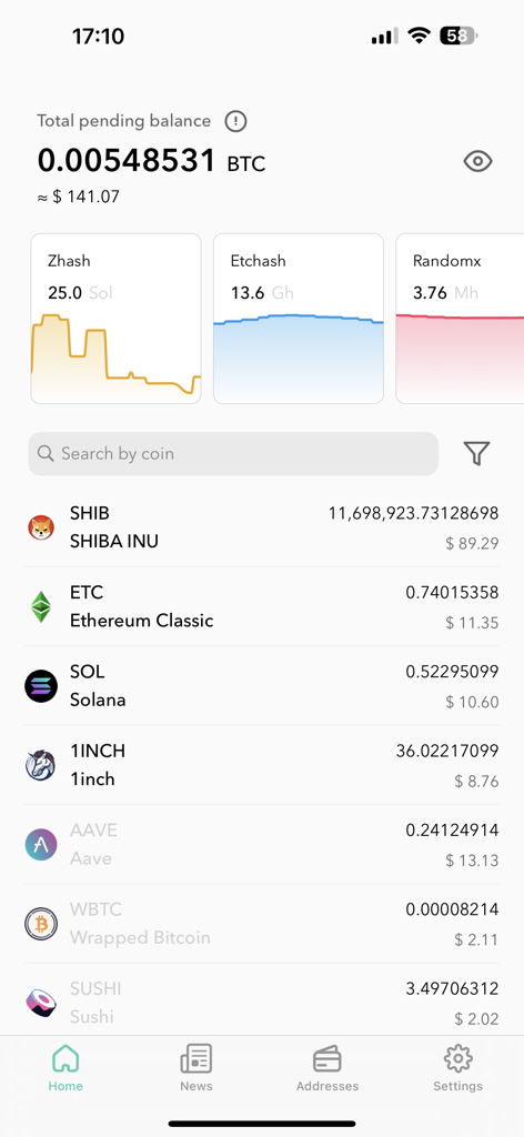 unMineable - Interface of the unMineable Monitor app showing total pending balance in BTC and various cryptocurrency assets