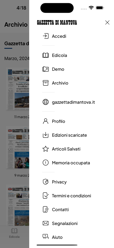 Gazzetta di Mantovaモバイルアプリのナビゲーションメニュー