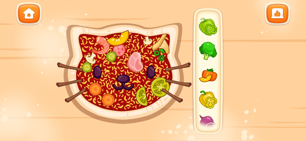 Pizza Maker: Kids Cooking Game - A cat-shaped pizza base being decorated with various vegetable and meat toppings in a kids cooking game