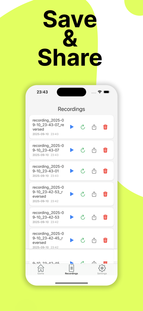 Reverse Audio Game - Uma lista de gravações de áudio salvas no aplicativo Jogo de Áudio Reverso com opções para reproduzir e compartilhar.