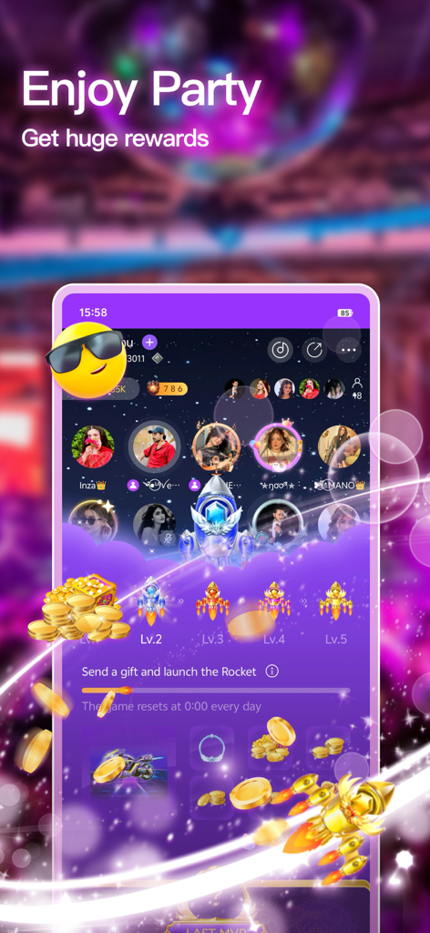 SeaU Chat - SeaU Chat app voice party room showing rewards and virtual gifting features