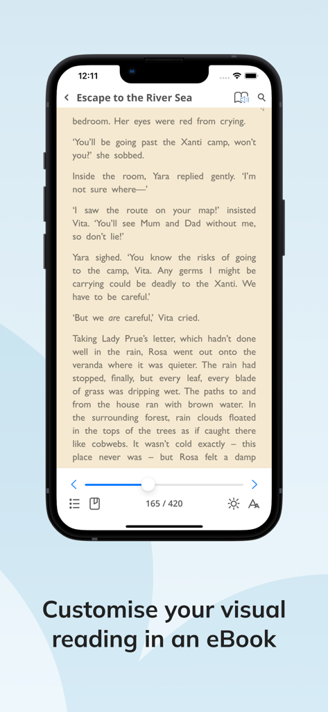 Smartphone-Bildschirm zeigt die E-Book-Reader-Oberfläche mit visuellen Anpassungsoptionen in der ePlatform App